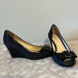Authentic Coach Like New Canvas with Leather Accent Bow Peep Toe Wedges